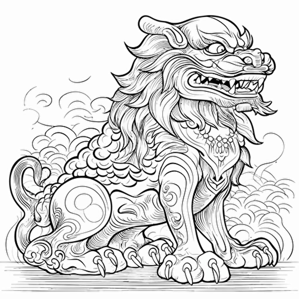 vector of a shisa guardian lion-dog, black line work, no color, side view