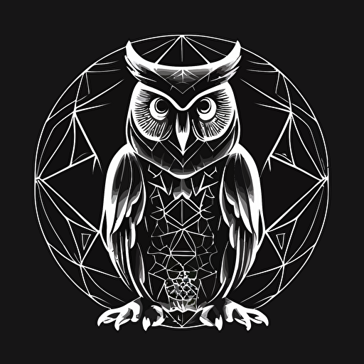 [simple, geometric mascot] iconic logo of [owl meditation], [white] vector, [black] background