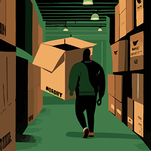 detailed flat vector illustration of a man carrying a large black box inside a warehouse store setting. Large black boxes, small green label, no brown cardboard
