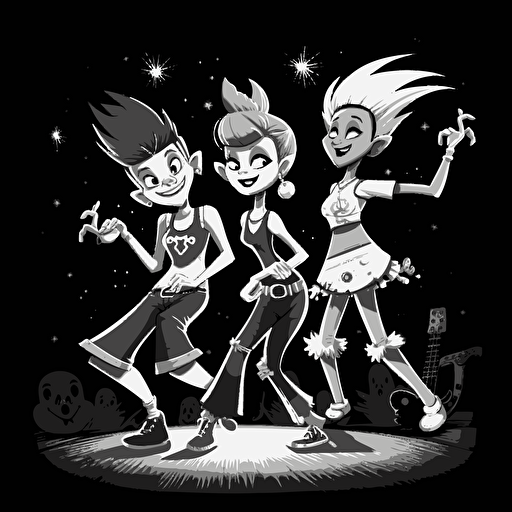 a punk vector cartoon illustration of 3 happy people dancing to folk music in the night. using white color. Black background.