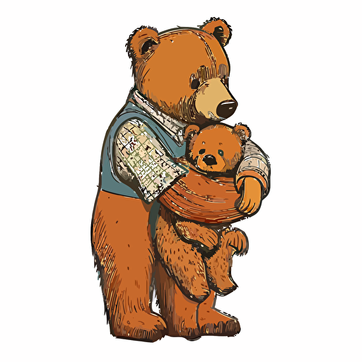 dad bear cuddling cub, Clipart, Enthusiastic, Primary Color, comic style, Contour, Vector, White Background, Detailed