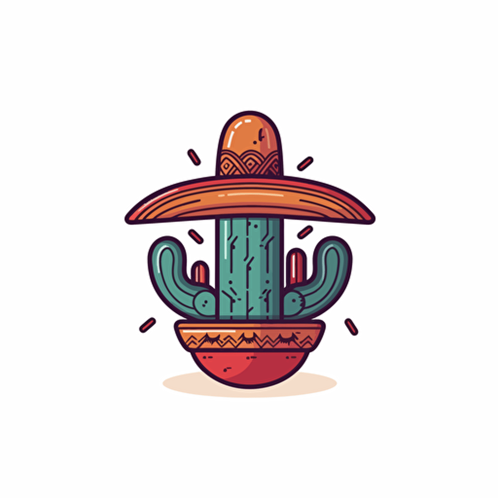 Cactus Comic, mexican Hat, mexican colors, colorful, comic vector illustration style, flat design , minimalist logo, minimalist icon, flat icon, adobe illustrator, cute, white background, simple