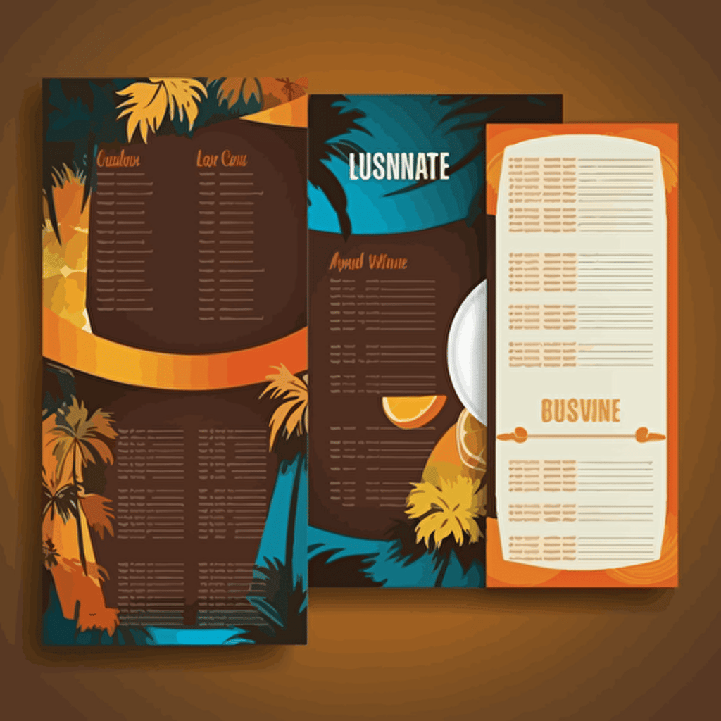 one page menu, Restaurant, cuban latin caribbean Food business menu designs, palm tree, [blue, orange, brown, gold color scheme here]::3 modern, clean, design, vector, items, food, RTX