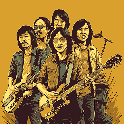 vector art of a Hong Kong rock band, five members, around 35years old, frontal stance, smiling, vibrant yellow