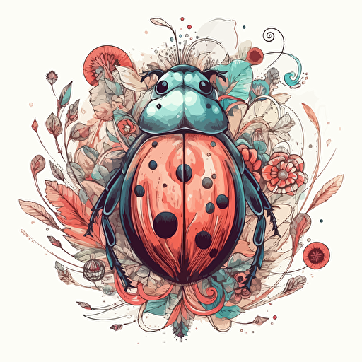 a beautiful fairycore ladybug with a surrounding floral design in detailed drawing style + simple vector + bright colors on a white background