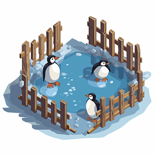 isometric cartoon vector style image of an icy penguin enclosure, melted, broken wooden fense, only one penguin