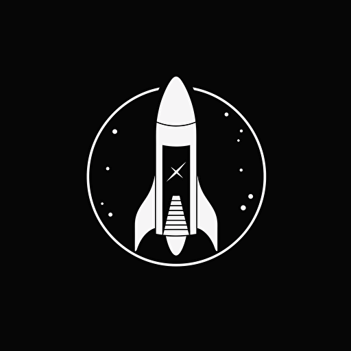 negative space iconic logo of rocket and space exploration, white vector, on black background