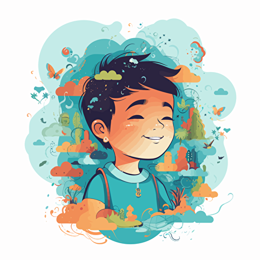 illustration vector of a child meditating :: an illustration vector of a boy :: a cloud comes out of the child's head that contains the things that the child is imagining inside :: adobe illustrator style, happy faces, white background, colored with hex: 90caf9 and hex: ffb347, UHD