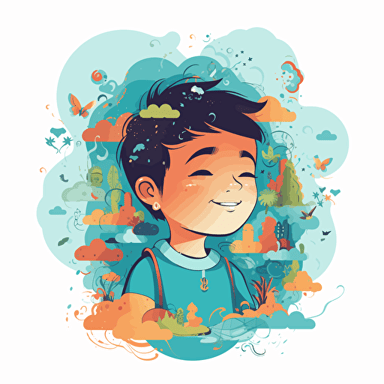 illustration vector of a child meditating :: an illustration vector of a boy :: a cloud comes out of the child's head that contains the things that the child is imagining inside :: adobe illustrator style, happy faces, white background, colored with hex: 90caf9 and hex: ffb347, UHD