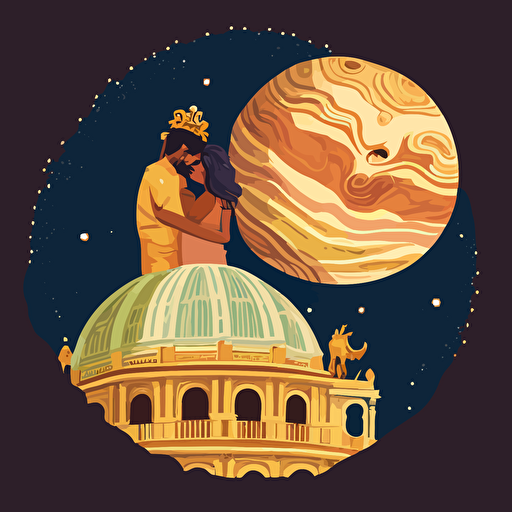 vector art of jupiter with an indian couple on top of it hugging
