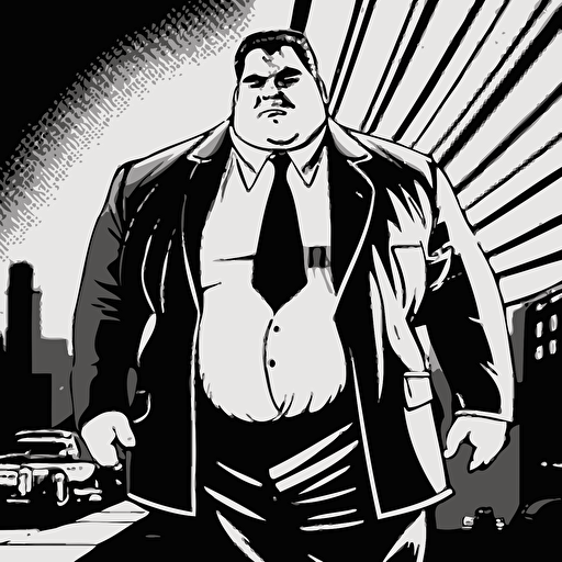 mafia gangster, fat, comic style, vector, black and white, icon, funny