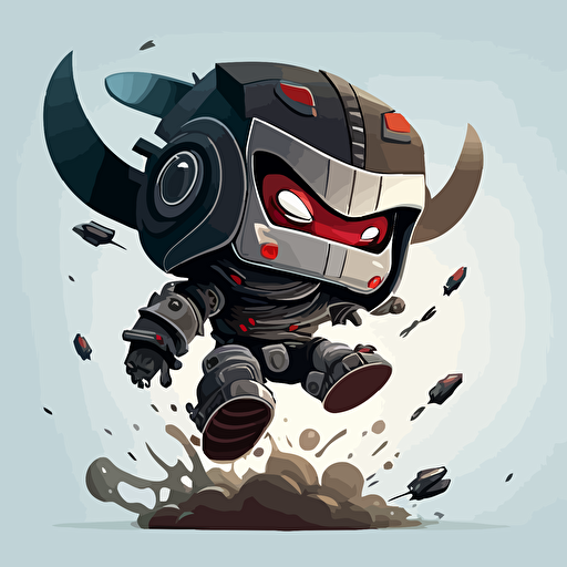 cartoon robot ninja with big head flying at me, vector 2d art