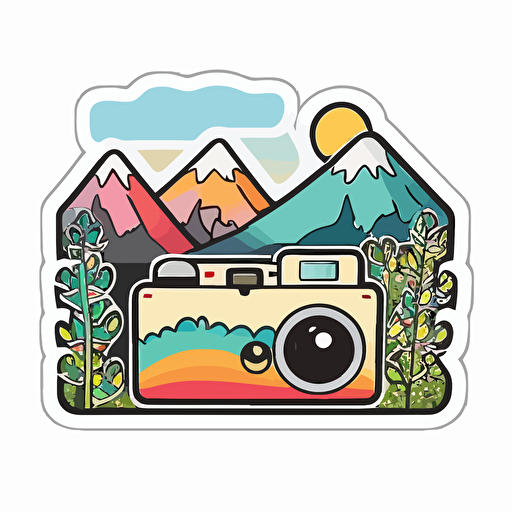 sticker, colorful, camera in front of mountains and trees, kawaii, contour, vector, white background
