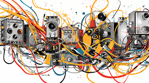 vector art image of messy audio cables connecting to different gear.