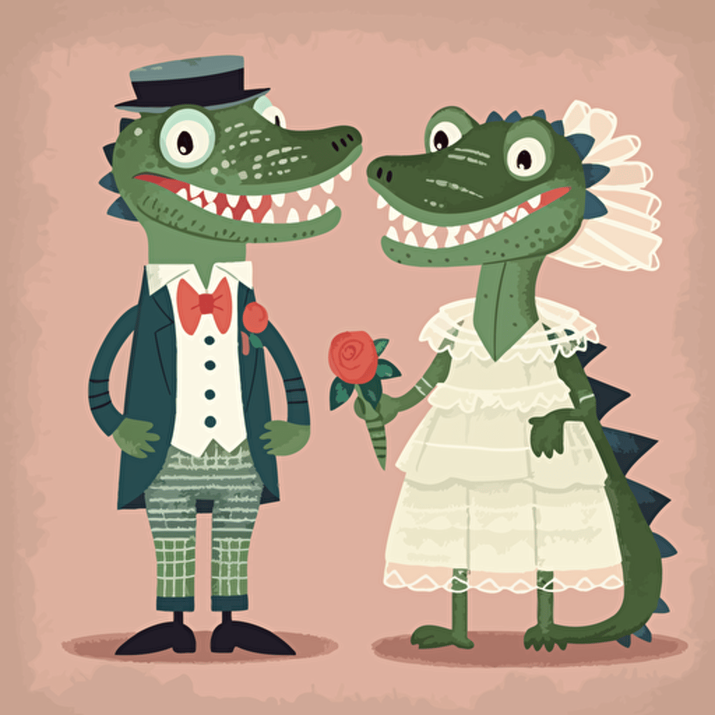 vector art of two cute boy and girl crocodiles dressed as a bride and groom, in the style of Britta Teckentrup illustrations