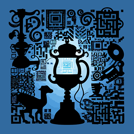 A vector illustration of a QR code using silhouettes of old-fashioned and antique objects, rendered in a minimalistic style with dark and blue and black tones. Use geometric flat vectors to create an iconic and dynamic composition, no shades, and only objects as lamps, doors, chairs, kettles, toys etc.