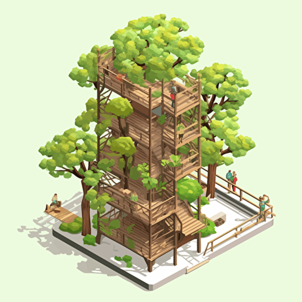 isometric cartoon vector style image of ia small tree with scaffolding platforms around it, transparent background