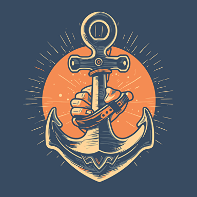 a vector style hand holding the middle of an anchor with the top of the anchor in the shape of a spanner