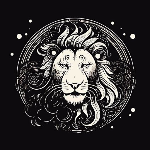 the lion zodiac sign, black and white, vector art, simple, flat desing, shall be circular, no grey shading