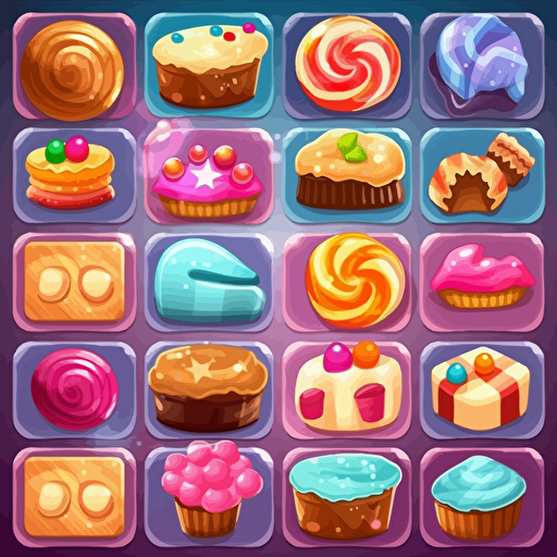 Design me a colorful background with candy and cakes for match 3 style games, 2d vector, illustration