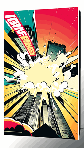 a manga style poster cover with big explosion breaking out of a frame, vibrant colours, skyscraper billboard, simple vector illustration