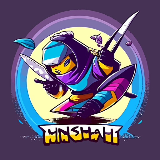 Sushi nigiri ninja, vector logo, vector art, emblem, cartoon, 2d, colours of purple yellow and blue.