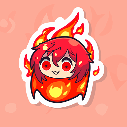 Kawaii fire sticker, flat, 2D, vector, 16 colors, white background, in anime chibi style