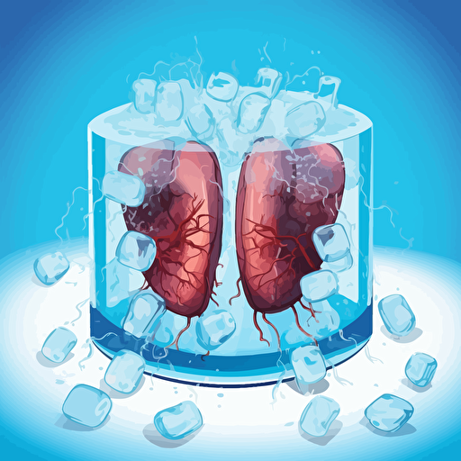 a frozen liver organ in a hospital on top of ice cubes, vector art