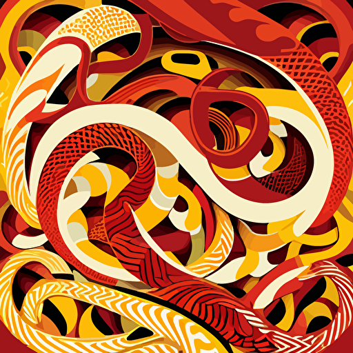 vector illustration of hundreds of entwined snakes with detailed designs in art deco style circa 1978 in red, orange, yellow, and white