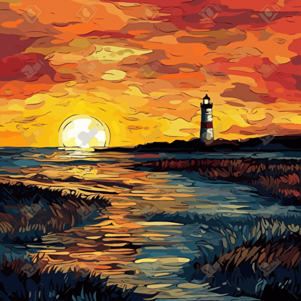 Abstract sunset, new england seacoast beach, ocean, Lighthouse offf in the distance, rex ray + van gogh style, vector design, HDR