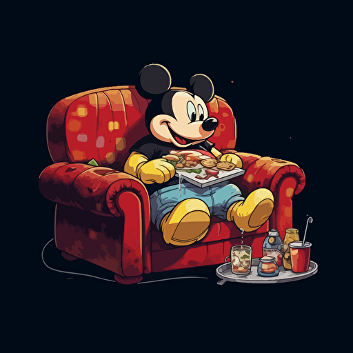 sad, obese Mickey mouse sitting on couch watching TV in his boxers. Giant burger on the table. Trashy apartment. High detail. 16k. Vector image. Black background. Five o clock shadow.
