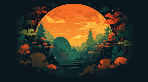 a newly discovered jungle planet, floating in space, hazy atmosphere, orange and green colors, vibrant, strange plants dotting the planet's surface, flat vector illustration, as seen from space