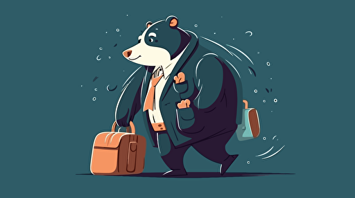 a vector flat illustration bear ina business suite with a bag going to the bank