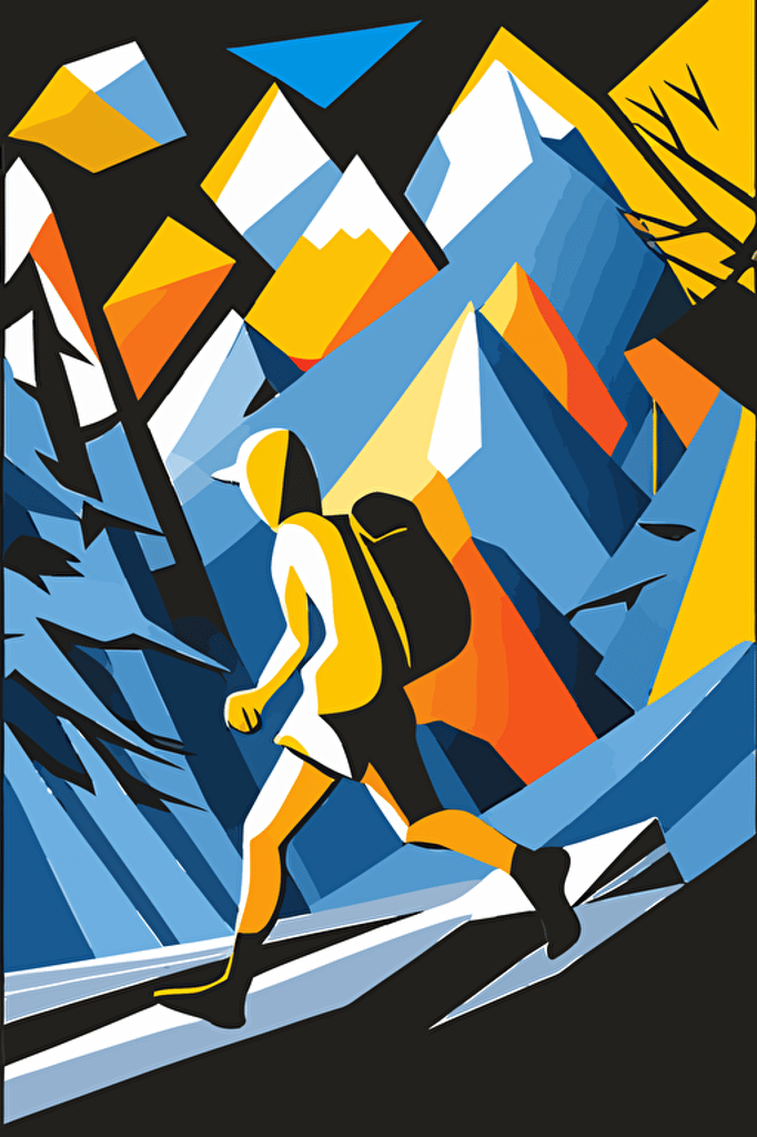 hiker trekking through the wilderness, simple geometrical shapes, blue, yellow and white colors, pop art deco illustration, hand vector art, black background,