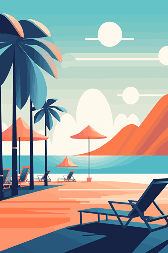 Create a flat vector illustration that portrays a summer beach scene. Use a minimalistic and modern style to showcase the natural beauty of the beach. Include details such as sunbeds, palm trees, and a bbq grill to bring the scene to life. Use pastel colors such as shades of blue, orange, pink, and yellow to create a peaceful and serene atmosphere that transports the viewer to the beach