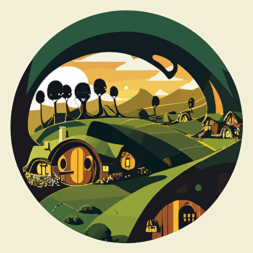 the shire with many hobbit homes with round doors, Green Fields, flat vector, studio ghibli style