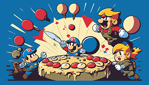 super smash bros around a birthday cake, with balloons, vector art, flat background