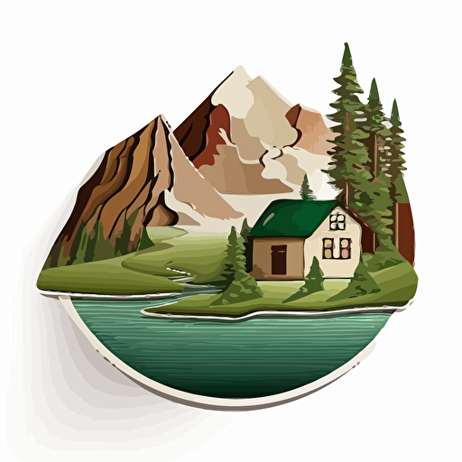 cream and green roofed cabin, on a hill, looking over a lake, STICKER, lonely mood, earthen colors, in the style of Nerfect, CONTOUR, VECTOR, WHITE BACKGROUND, high detail