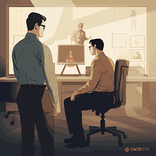 clark kent, concept art, vector drawing, simple color palette, sitting down in front of a computer, two people, security guard looking over shoulder