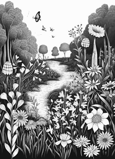 simple vector drawing outline of a whimsical garden