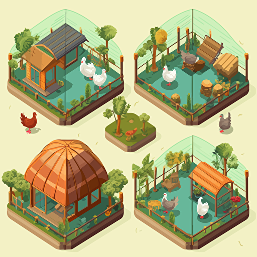 cartoon vector isometric image of a bird enclosure at different stages of construction