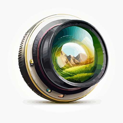 Vector illustration of a lens, scenary inside the lens, no shadow, nothing outside, white background, super clean logo