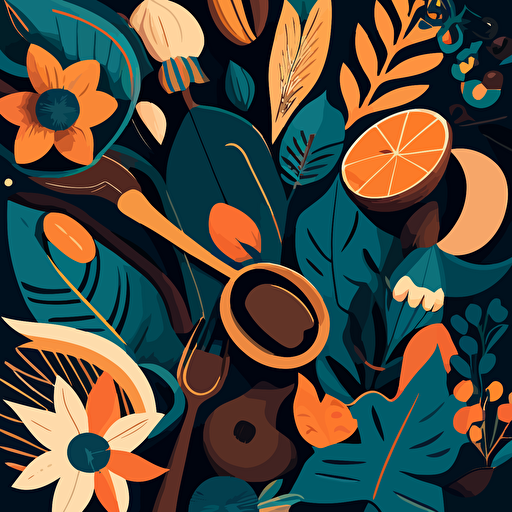 wallpaper design, tropical plants flowers and latin Food, [blue, orange, brown, and gold colo scheme here]::3 modern, clean, design, vector, items, food, RTX,
