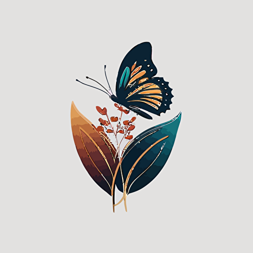 simple flat vector logo with 3 colors one of them gold. A butterfly sitting on a flower