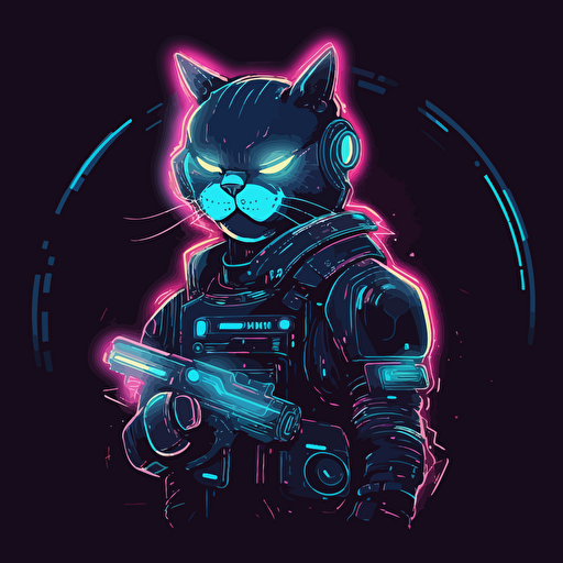 simple, vectors, vector art, space cowboy cat, cyberpunk, neons, pastel lights, simple background, 2d,