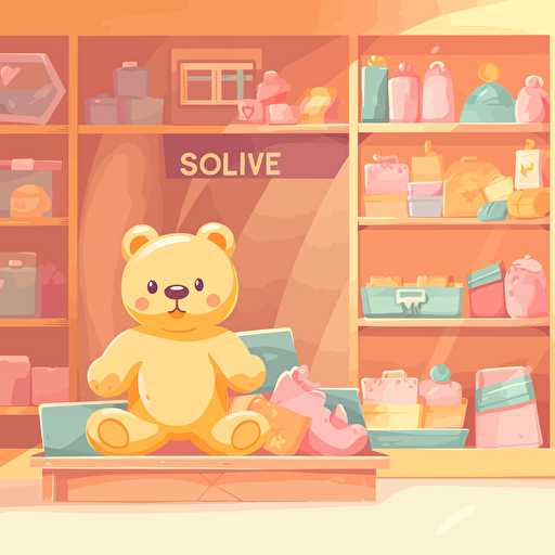 teddy bear toy lying on a shelf in a store. it has a price tag on it. Children's illustration. Pastel, warm colors, vibrant, colorful, vector illustration