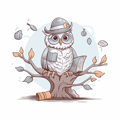 kids storybook style, a happy Owl reading a book, gray color, cream color owl, sitting on a branch, white background, vector illustration, illustration
