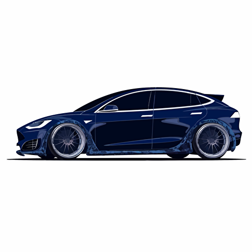 crazy dark blue modern telsa s hot rodded out in vector minimalism on white background with crazy big giant rapper style wheels