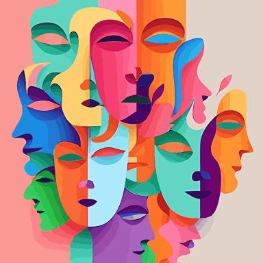 colorful faces, clean simple design, pastel colors, vector art