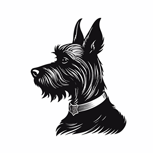 black scottish terrier with a white victorian ruffle collar, side profile, white background, vector logo